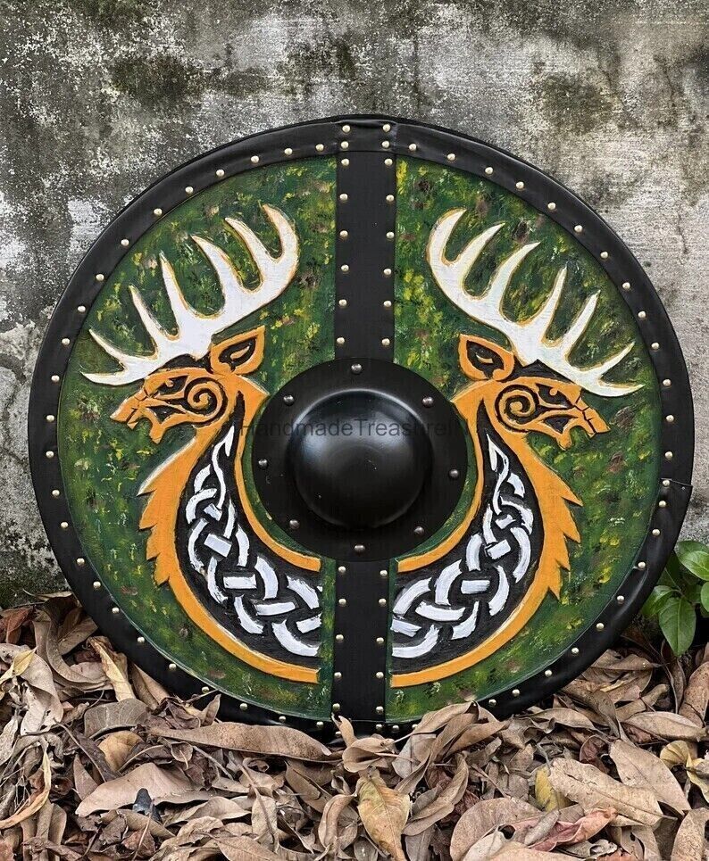 Christmas Wooden Viking Shield Medieval Carving 24 Inch Battle Roleplay Cosplay