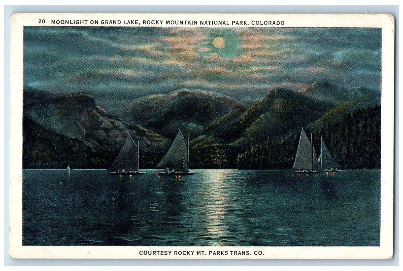 c1930\'s Moonlight On Grand Lake Boat Rocky Mountain National Park CO Postcard