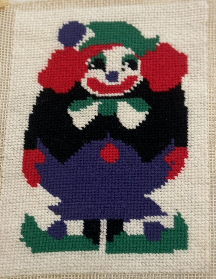 Vintage CIRCUS CLOWN Completed Needlepoint Colorful Fat Smiling 7”x9” USA