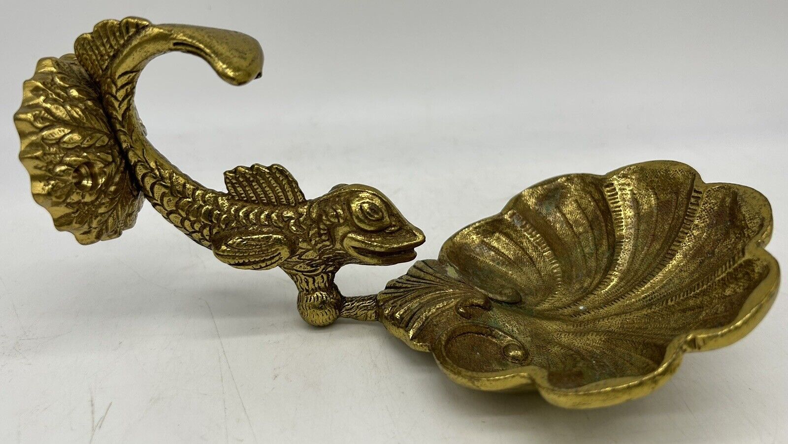 Vintage Figural Fish Soap Dish With Shell, Brass, Wall Mount