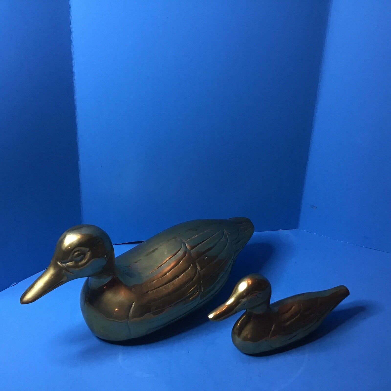 2 Rare Vintage Large Solid Brass Ducks  1 Large 1 Small Total Weight Of 3.5LBS