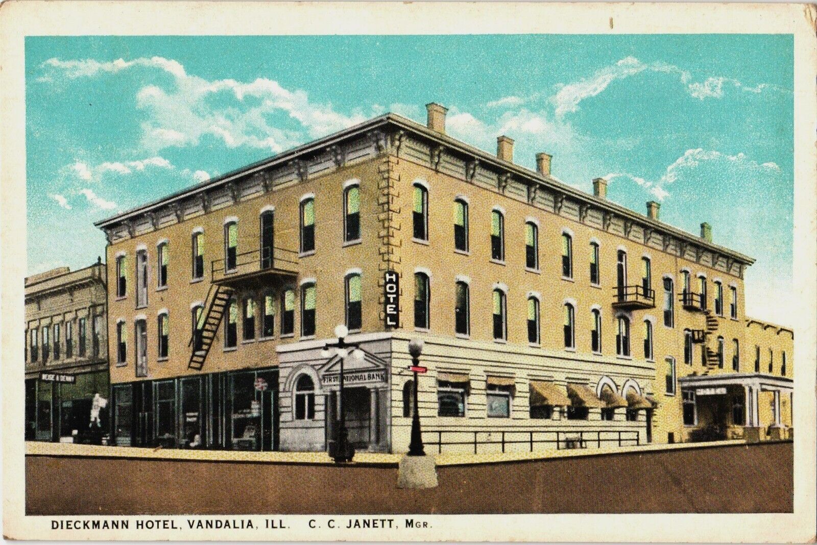 Vandalia Illinois Dieckmann Hotel Postcard 1920s First National Bank