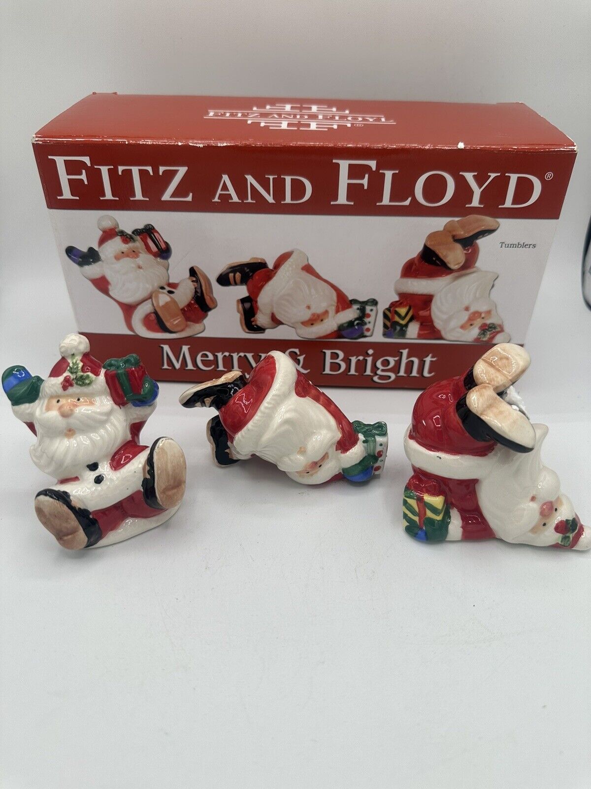 Fitz and Floyd Merry & Bright Holiday Santa 3 Tumblers