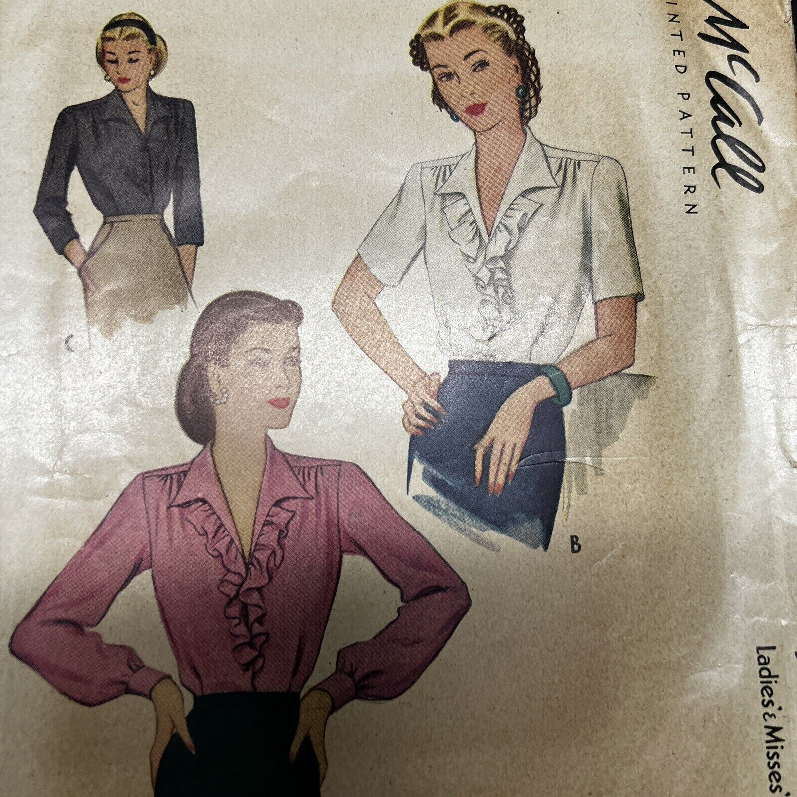 Vintage 1940s McCalls 5910 Collared Ruffle Blouses Top Sewing Pattern 20 M/L CUT