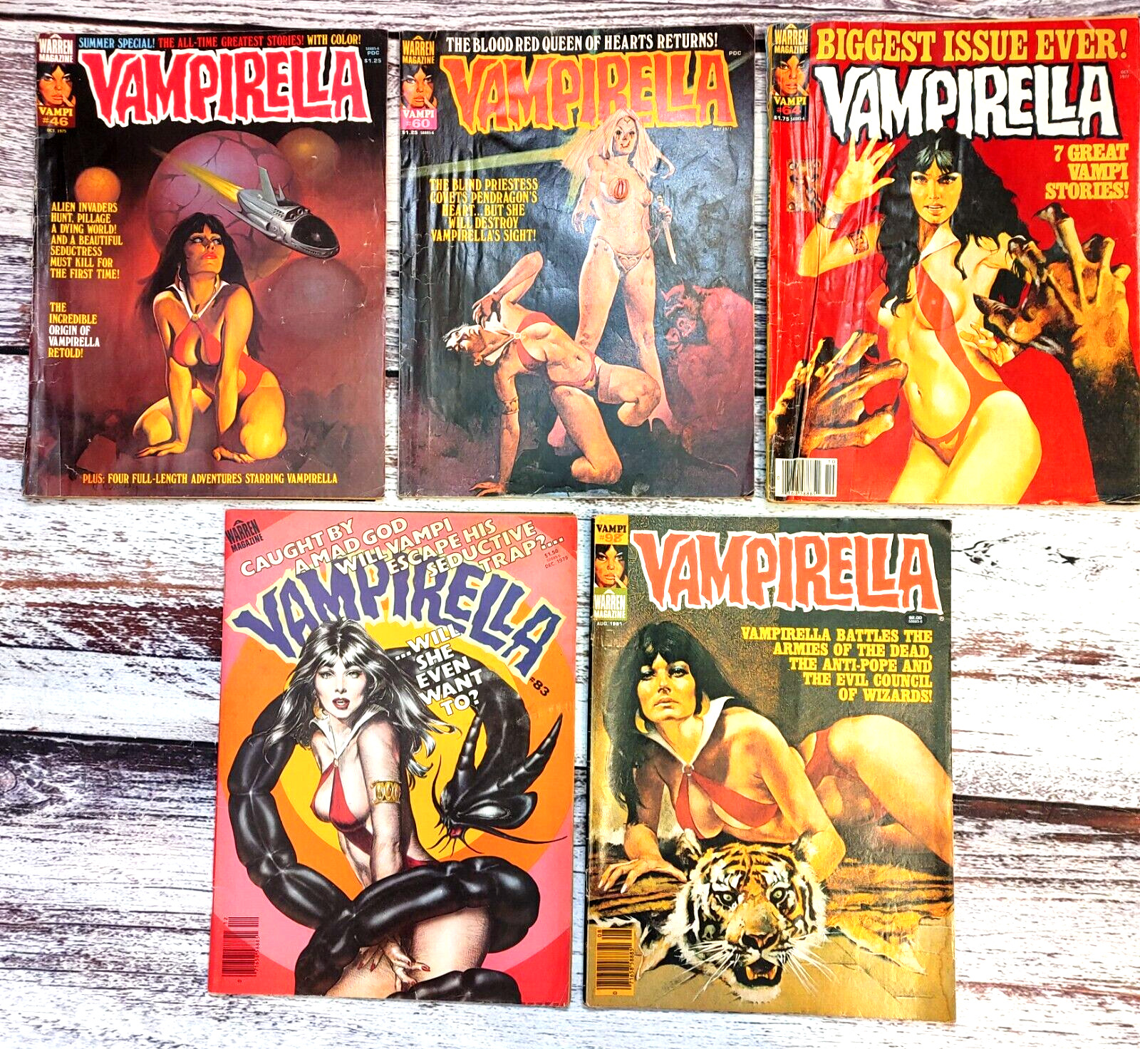 Vampirella (Warren Magazine) Lot of 5. #\'s 46, 60, 64, 83 and 98. 1975-1981.