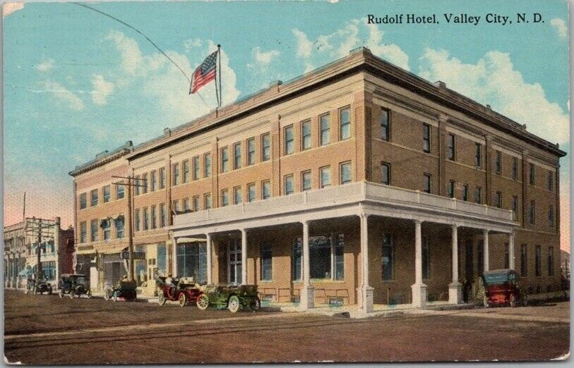 Vintage VALLEY CITY, North Dakota Postcard HOTEL RUDOLF Street Scene 1914 Cancel