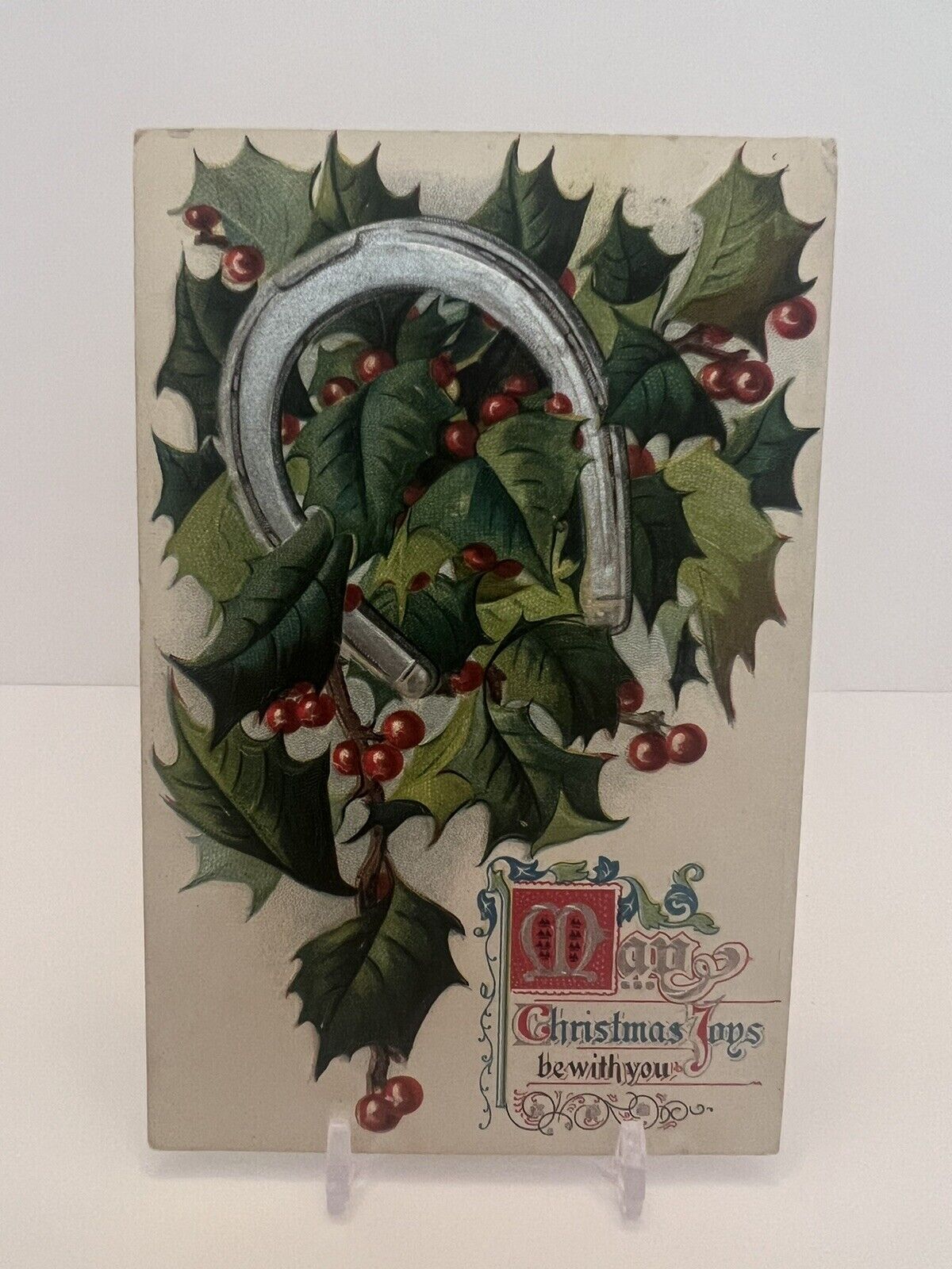 VINTAGE 1909 “Many Christmas Toys Be With You” CHRISTMAS CARD W/ Horse Shoe
