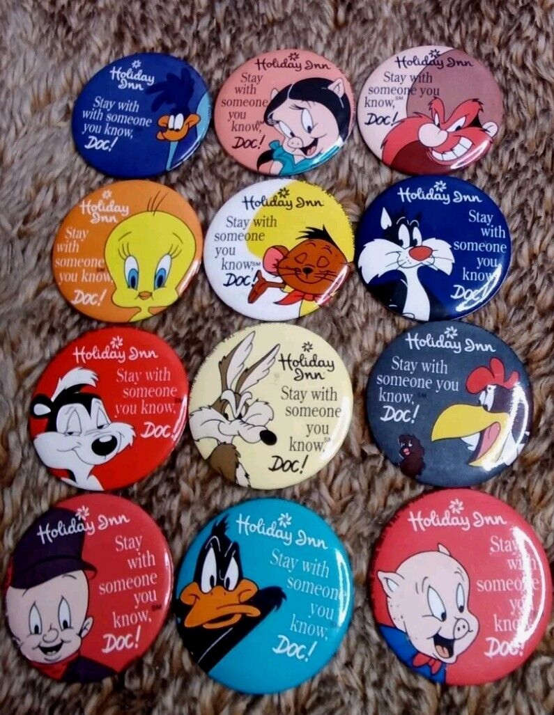 12 Vintage 1990 Holiday Inn Looney Tunes, Warner Bros, Promo Button Pins