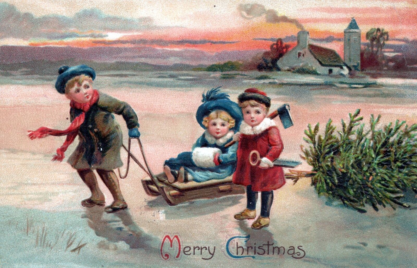 CHRISTMAS - Children And Sled Pulling Tree Postcard - 1912