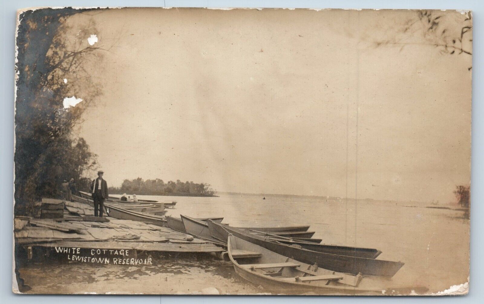 Postcard RPPC White Cottage Lewiston Reservoir Ohio Canoes Boats
