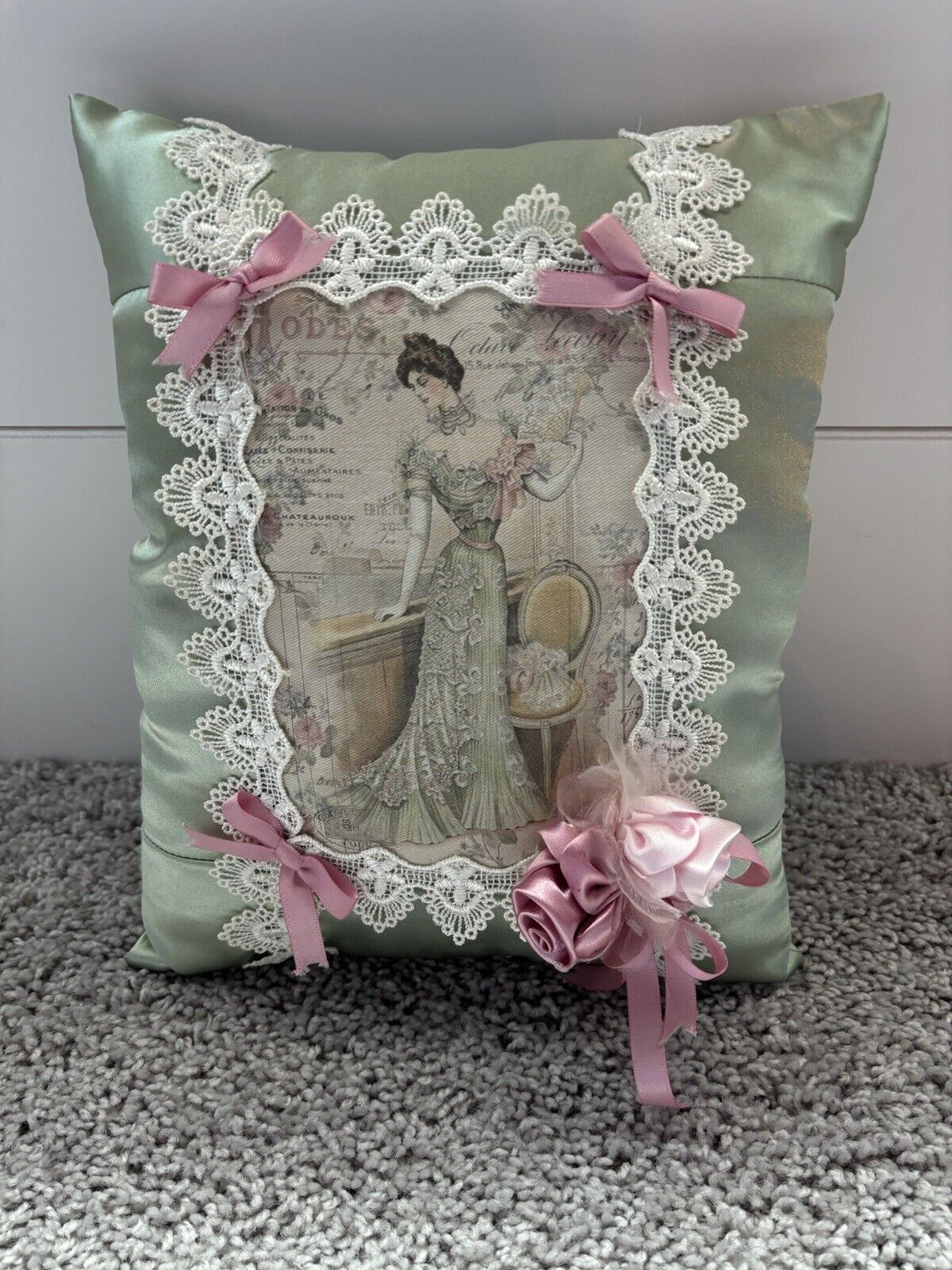 Boudoir Throw Pillow Satin Lace Victorian Chic Sage And Pink