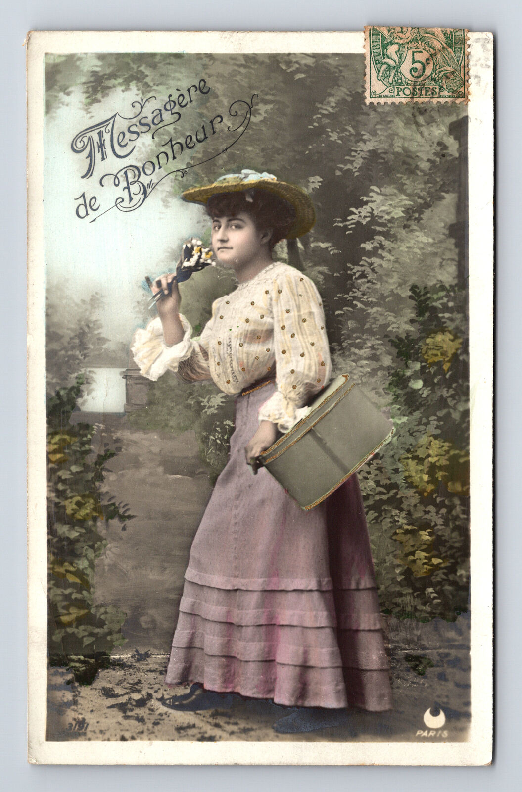 c1907 RPPC Hand Colored French Portrait Beautiful Woman Picnic Basket Postcard