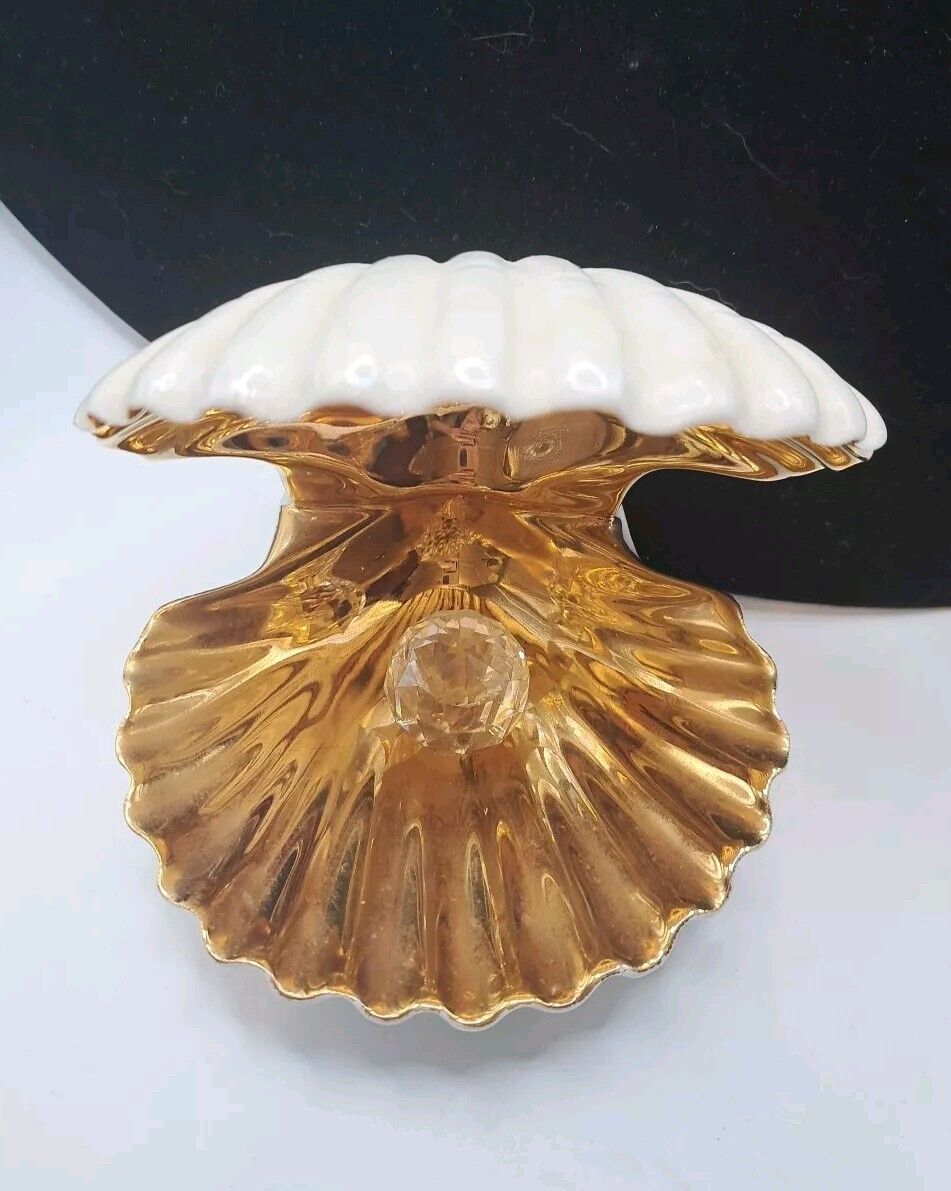 Vintage Iridescent & Gold Ceramic Clam Shell With Crystal Pearl