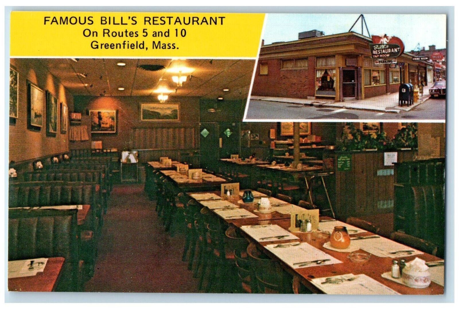 c1950's Dining Area at Famous Bill's Restaurant Greenfield MA Vintage Postcard