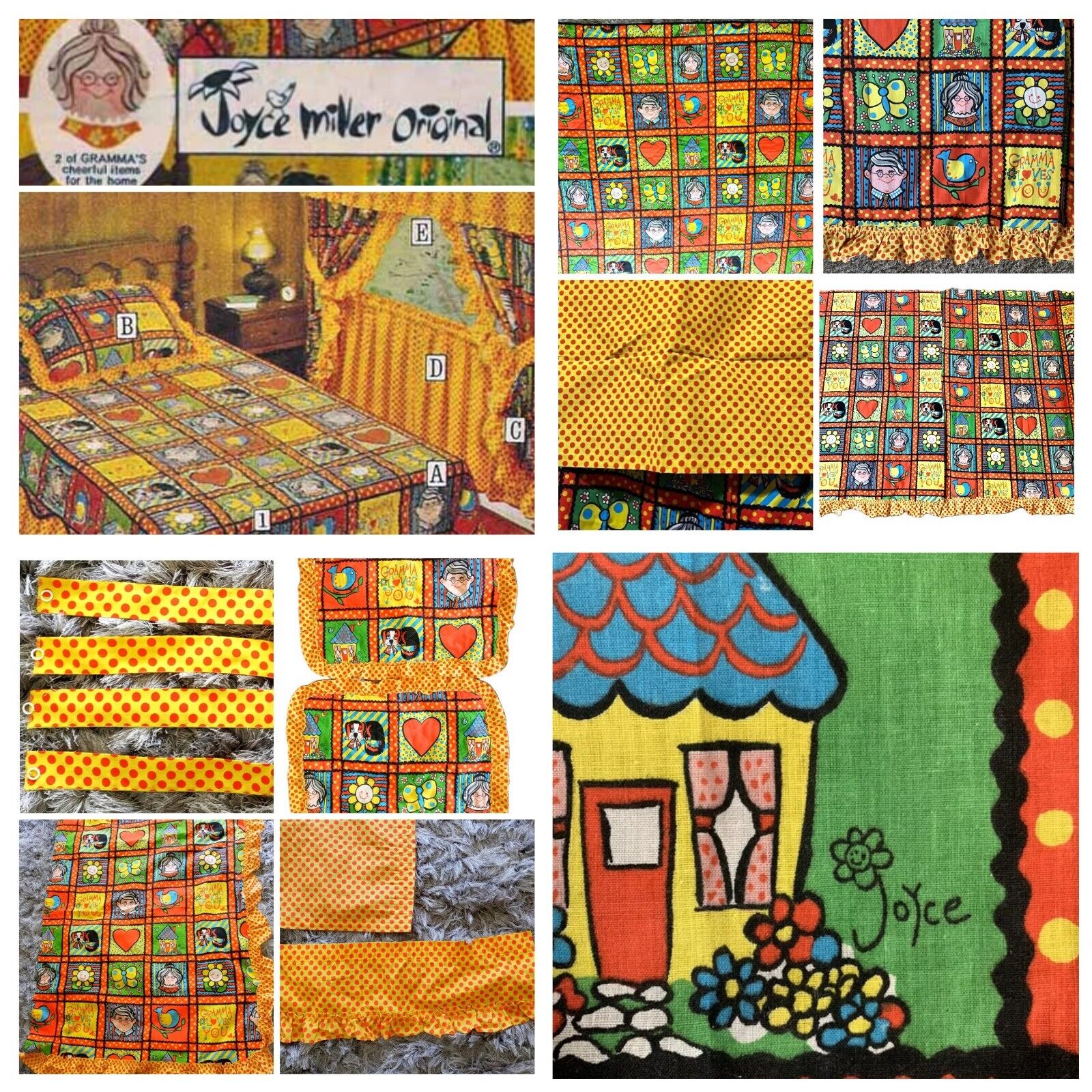 Vtg 60’s Joyce Miller Gramma Love You Kid Complete set Full Bedspread Curtains +