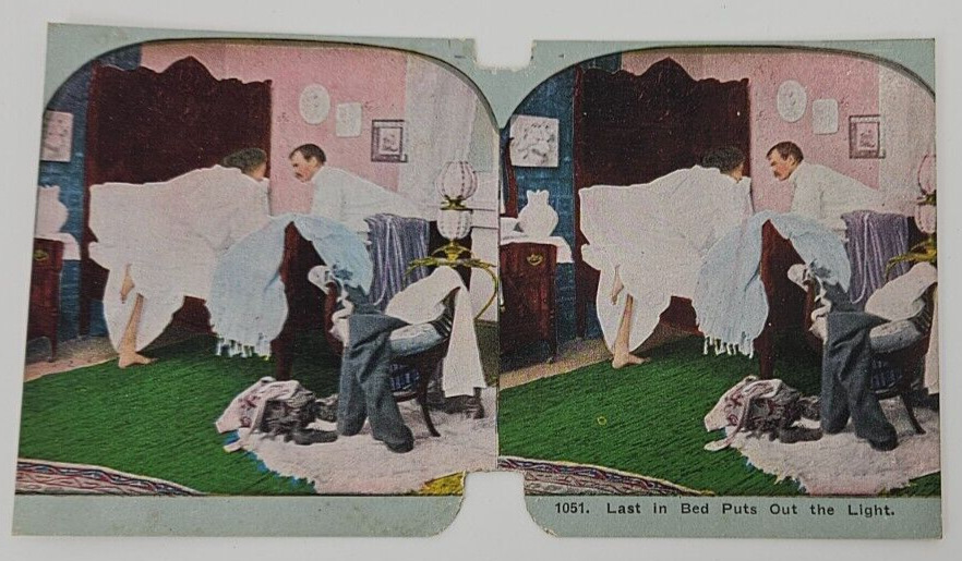 Victorian Stereoview Humorous~ Last In Bed Turns Out The Light~ Risque Bedroom