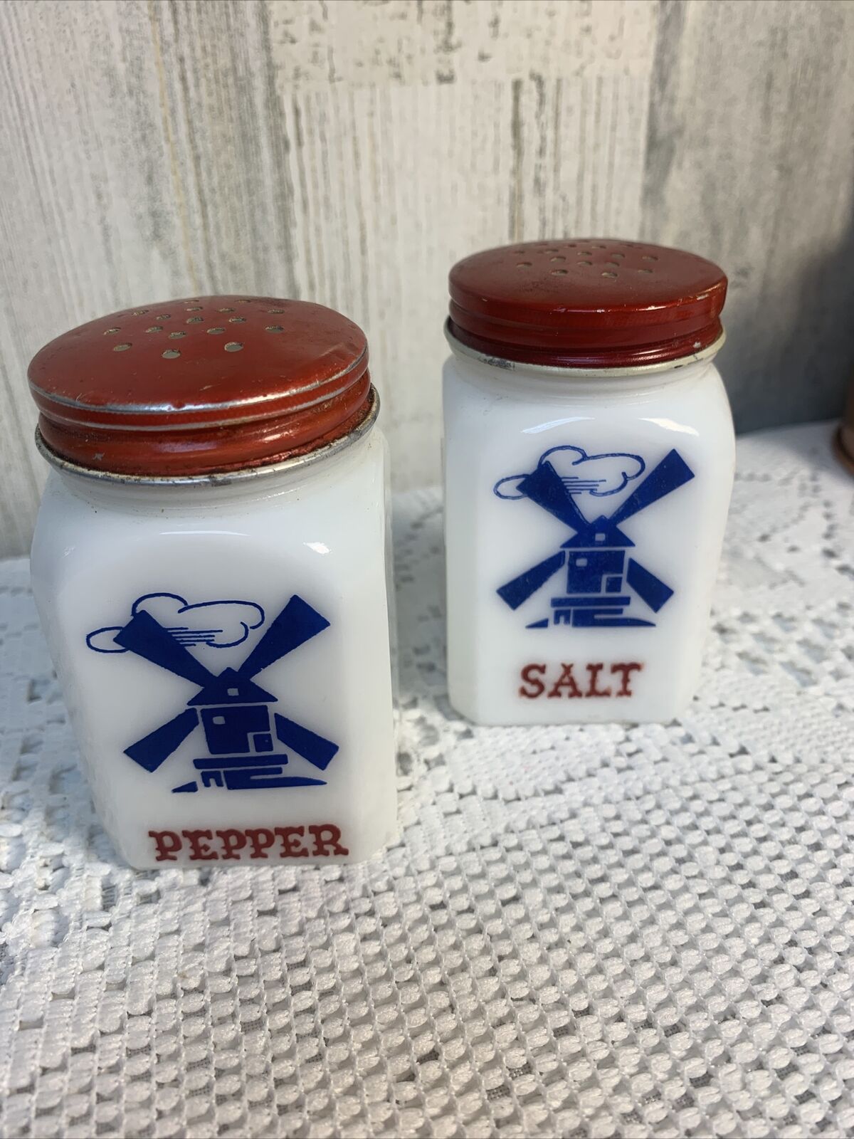 Vintage Mckee Milk Glass Windmill Dutch Salt & Pepper Shakes with Lids ~ 1950\'s