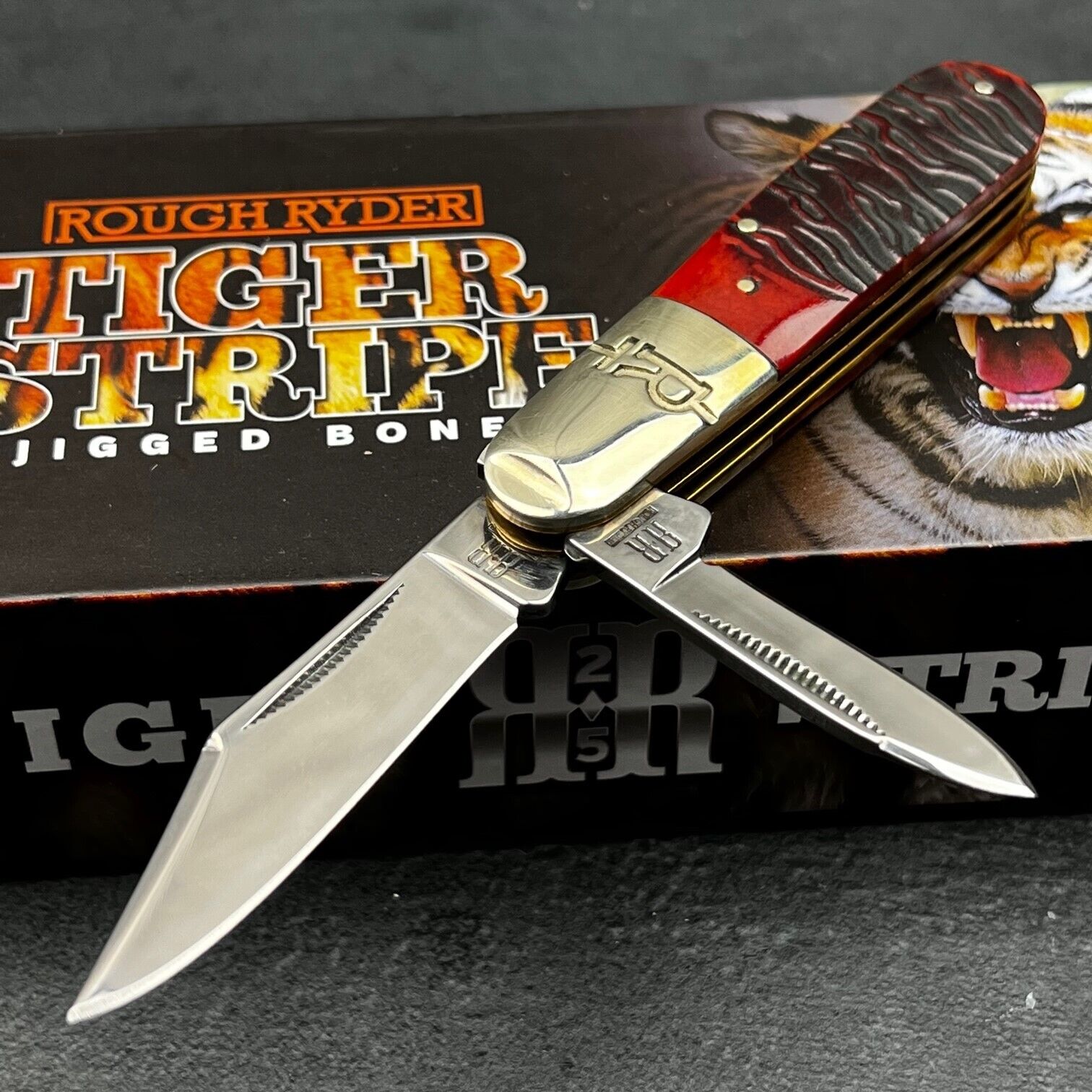 Rough Ryder Tiger Stripped Jigged Bone 2 Blade Barlow Folding Pen Pocket Knife