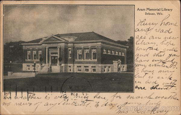 1907 Delavan,WI Aram Memorial Library Walworth County Wisconsin Postcard Vintage