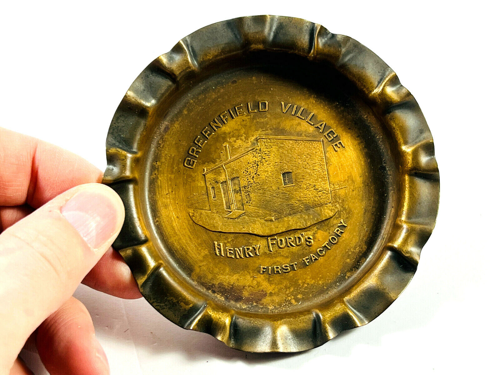 vtg Greenfield Village Henry Ford's First Factory Brass Ashtray Dearborn, MI