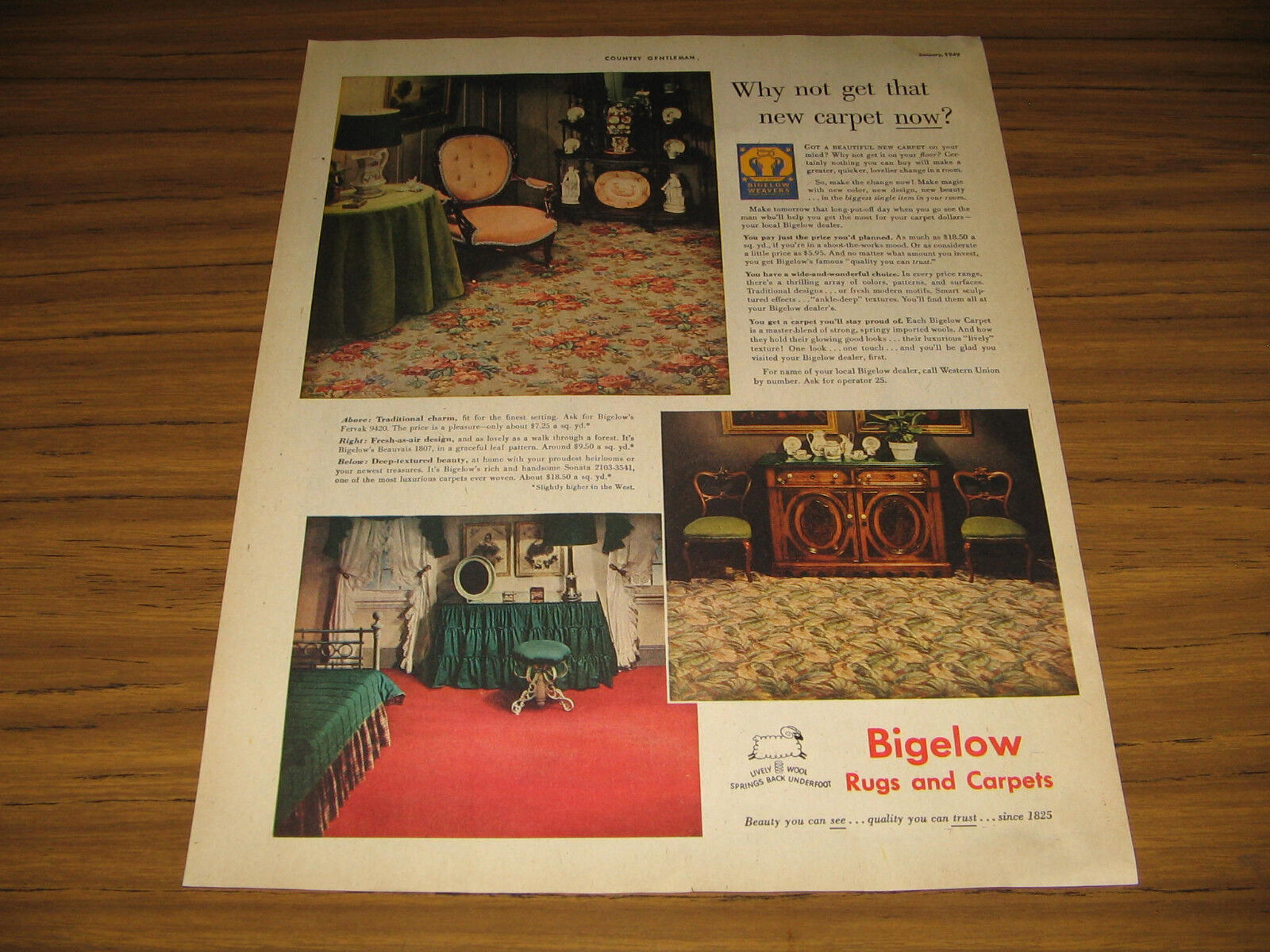 1949 Vintage Ad Bigelow Rugs & Carpets New Carpet Now?