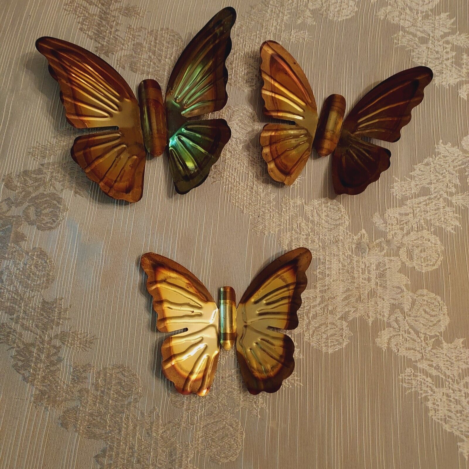 Vintage Butterfly Wall Hanging Set of 3 Brass-Tone Metal Winged MCM Decor 1970's
