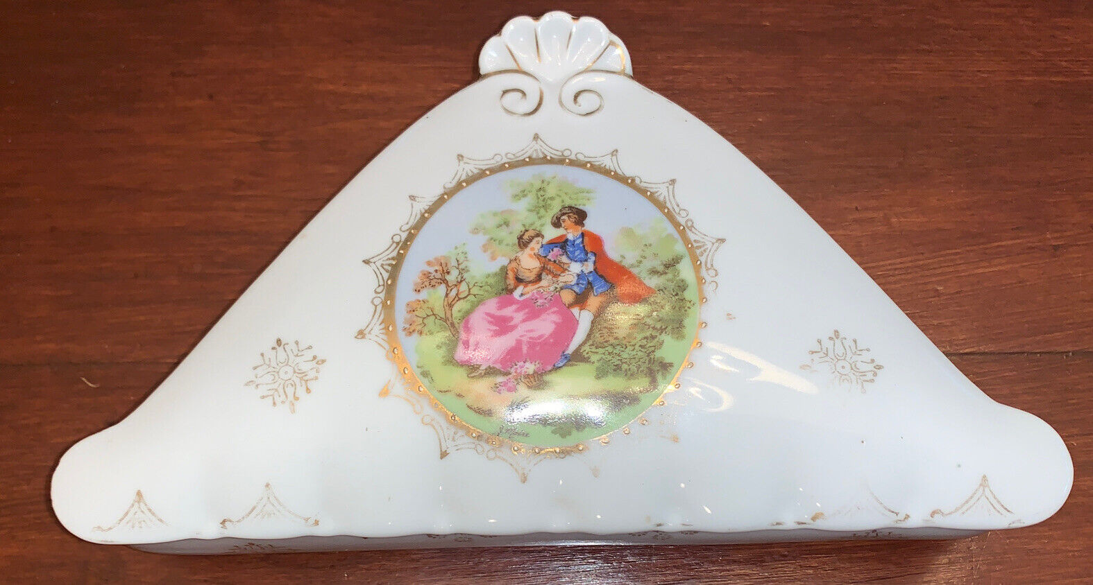 Vintage Trinket Box Limoges France  Porcelain Victorian Scene  VG+ 8” X 6”