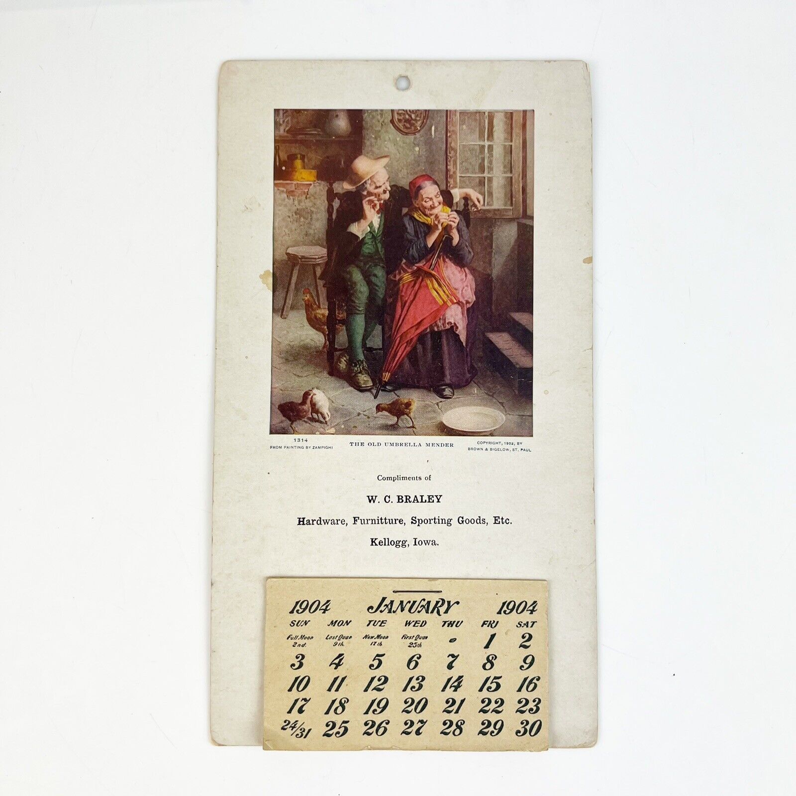 Antique 1904 Advertising Calendar Poster Hardware Furniture Iowa 9”x5” Complete