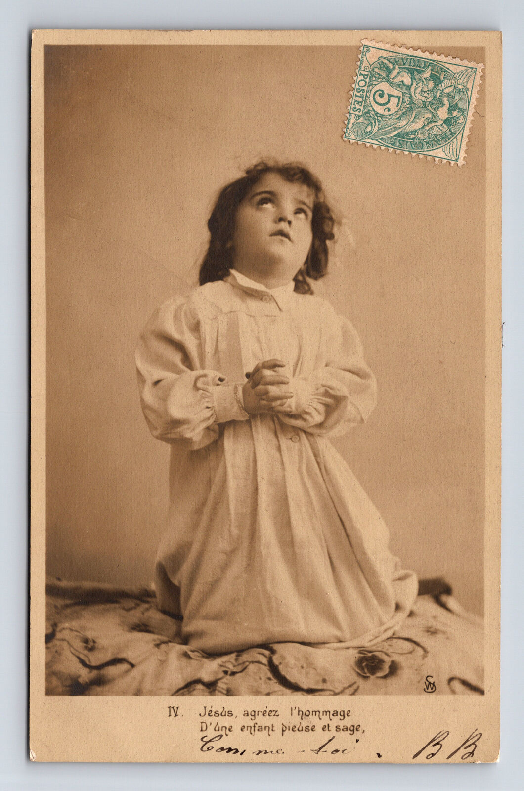 RPPC Portrait of Young Girl Praying in Bed Postcard