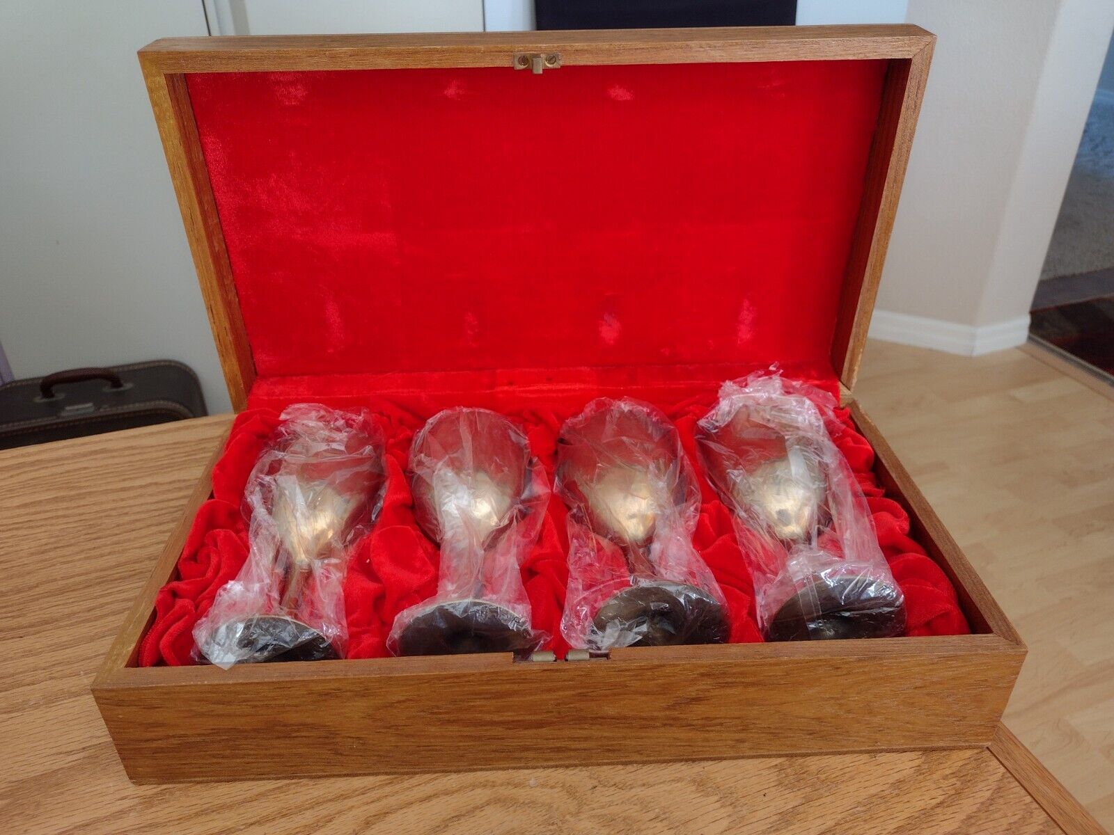 Four Brass 6 1/2 Inch Tall Goblets Still Wrapped in Velvet Lined Display Case