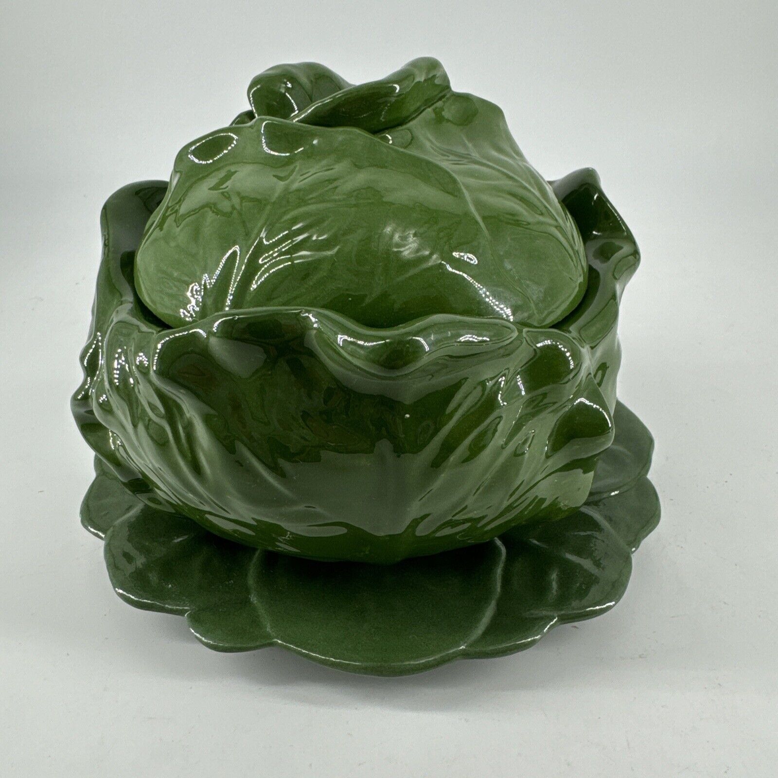 Vintage Ceramic Holland Mold Green Cabbage Lettuce Bowl with Lid Signed