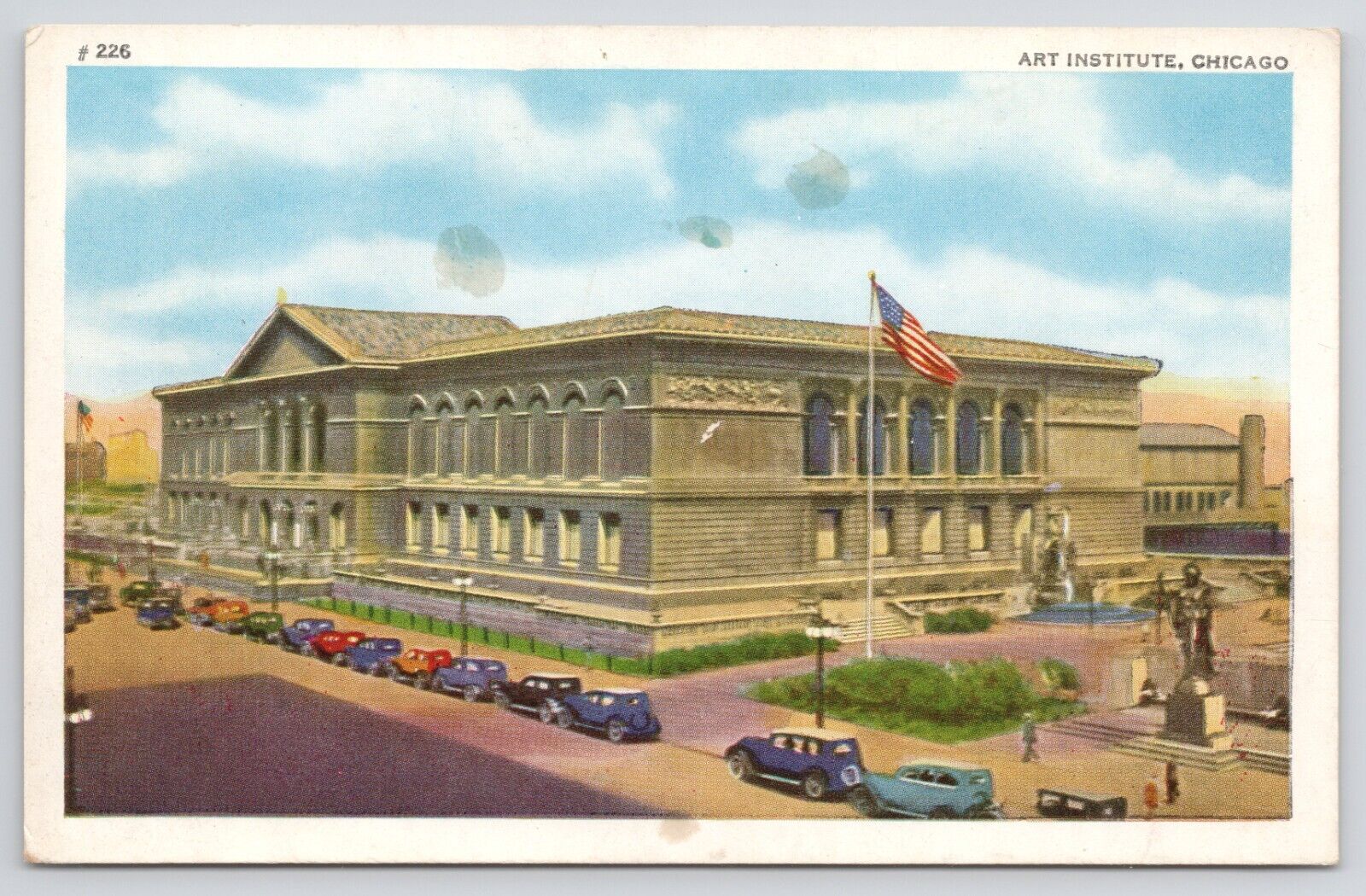Chicago Illinois Art Institute Cars American Flag White Border Postcard
