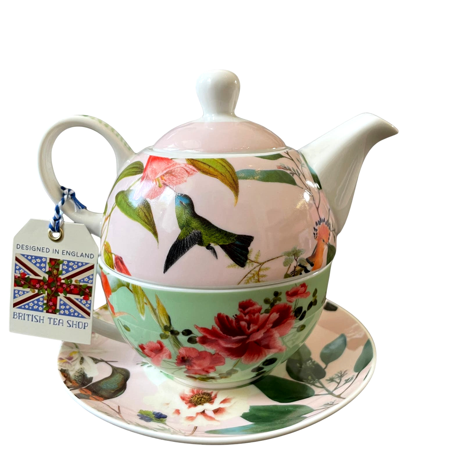 GRACE TEAWARE Spring Garden Hummingbird Floral Porcelain 4-Piece Tea For One NEW