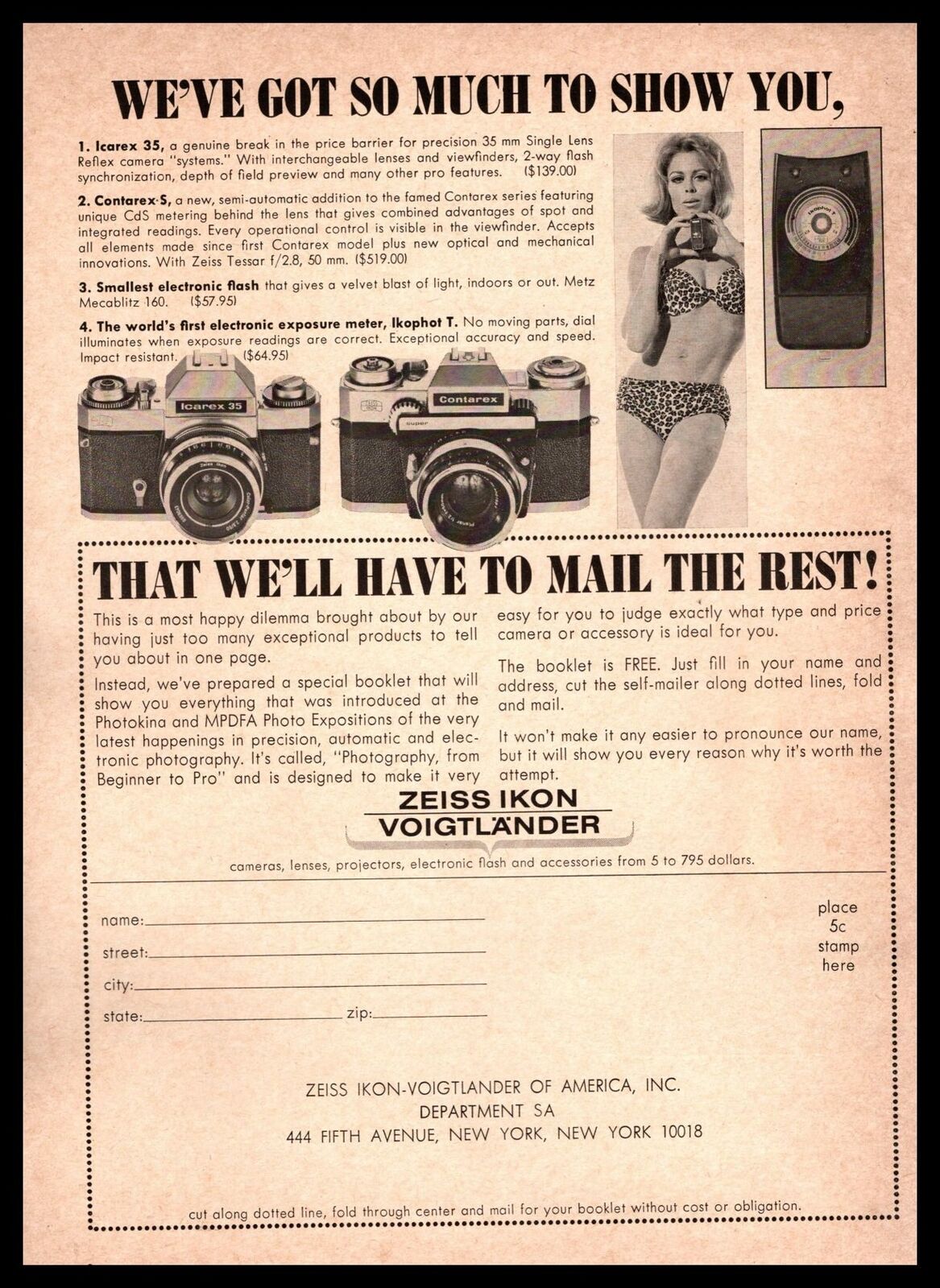 1967 Zeiss Ikon Voigtländer Optics Co. Camera Lenses Blonde Bikini Girl Print Ad