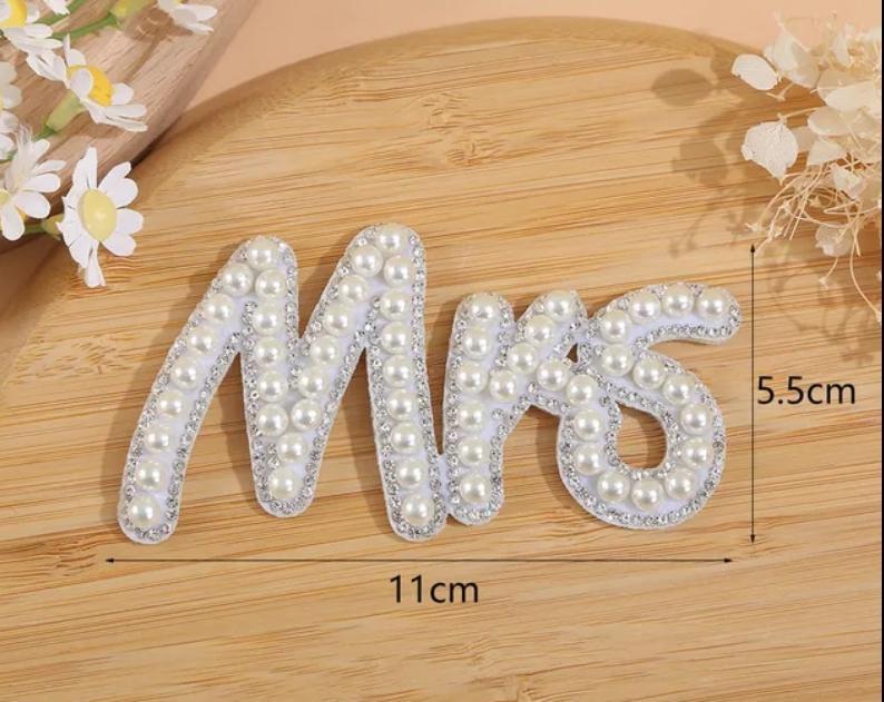 Large White Pearl Silver Babe Bride Mrs Rhinestone Letter Patches Embroidery