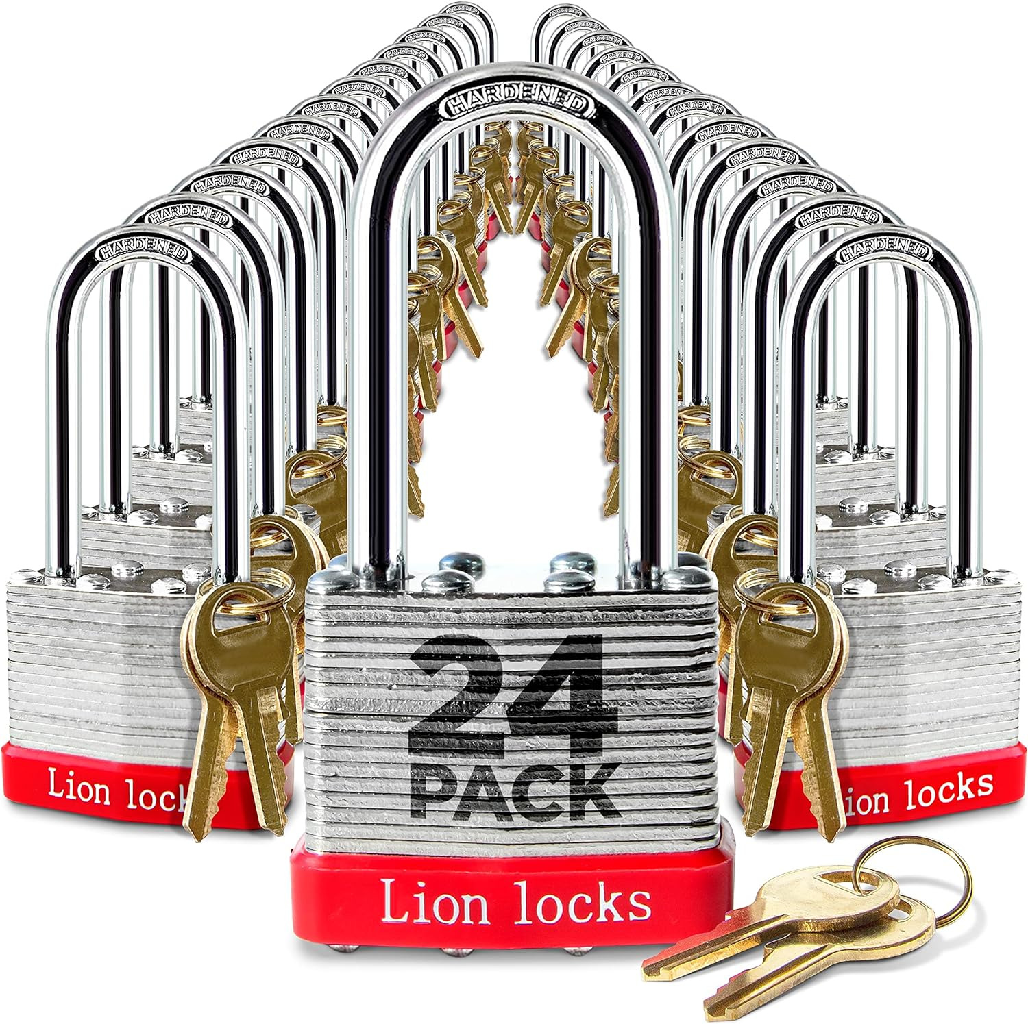 24 Keyed-Alike Padlocks w/ 2” Long Shackle, 48 Keys, Hardened Steel Case