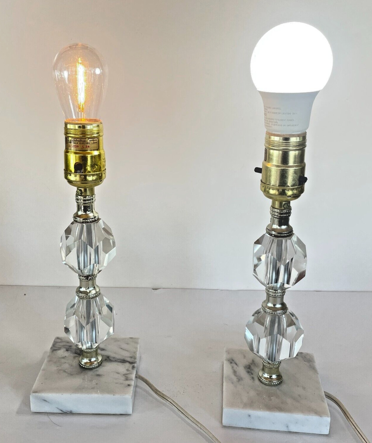 Pair (2) Vintage Stacked Glass Boudoir Table Lamps with Marble Base