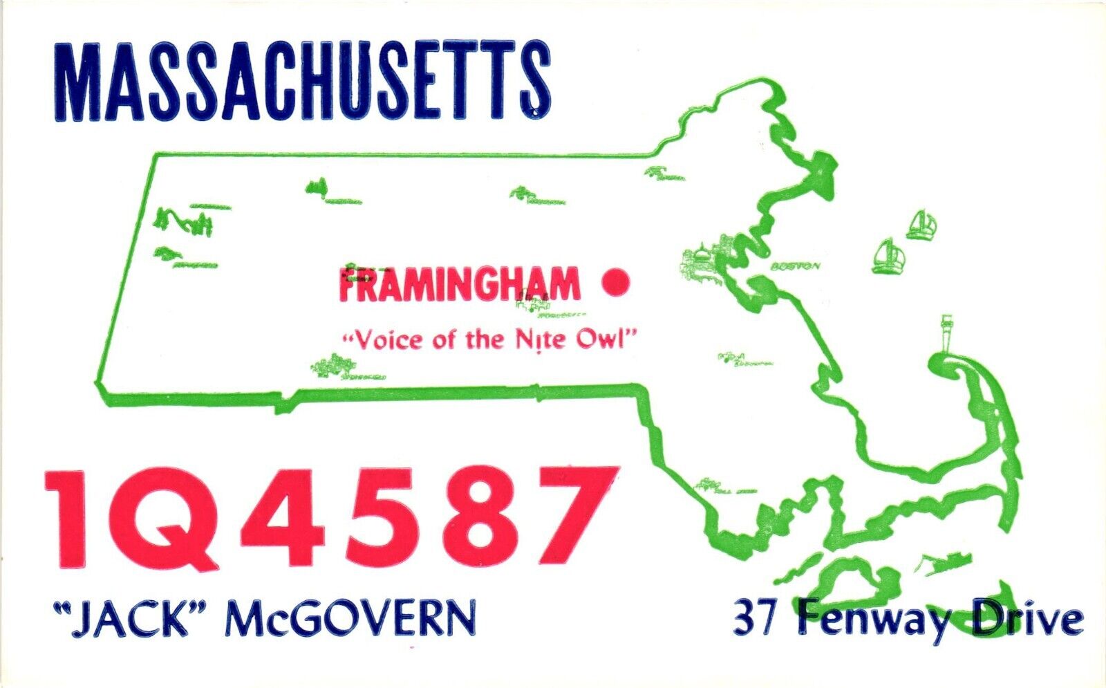 Vintage Postcard - QSL Citizen Radio Card 1Q4587 Farmingham Massachusetts MA
