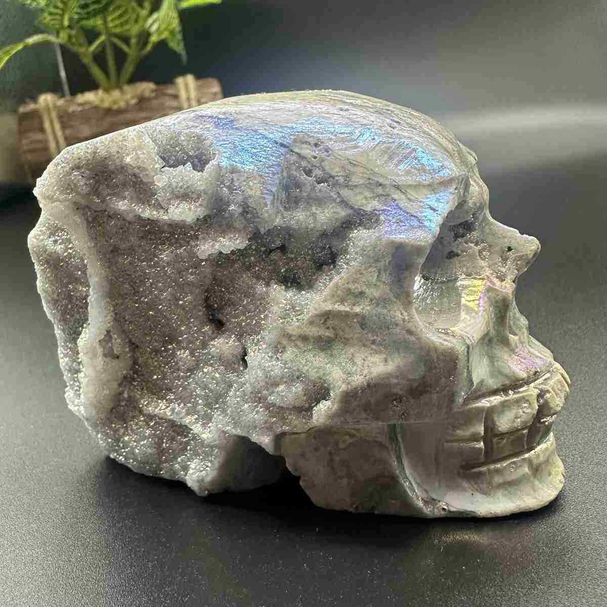 620g Electroplate Natural Sphalerite Quartz Hand Carved Skull Gem Healing Decor 
