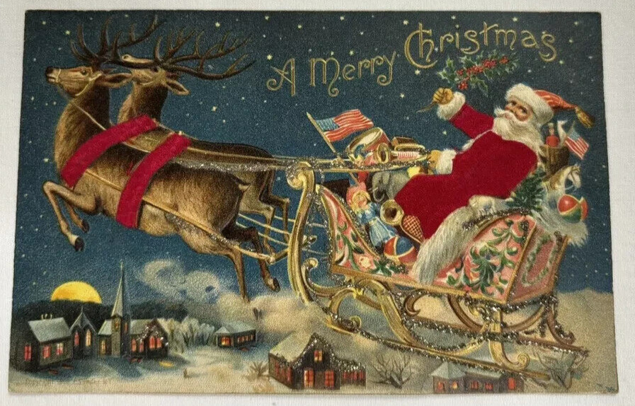 Silk Santa Claus in Sled~Reindeer~Toys ~Flags~Patriotic Christmas Postcard~k413