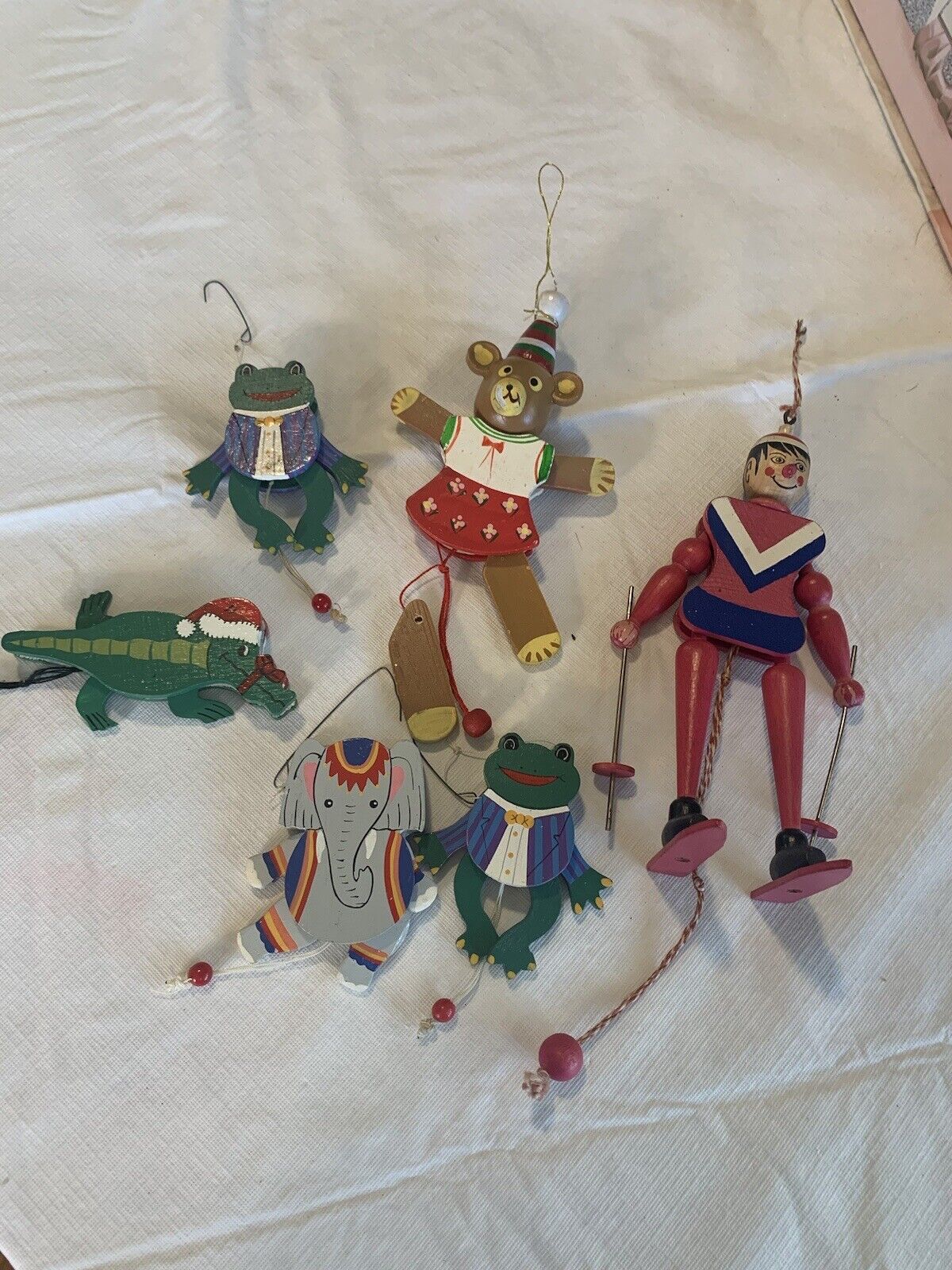 Lot of 6 Vintage Jumping Jack Ornaments, Skier From Austria, Kurt Adler, Animals