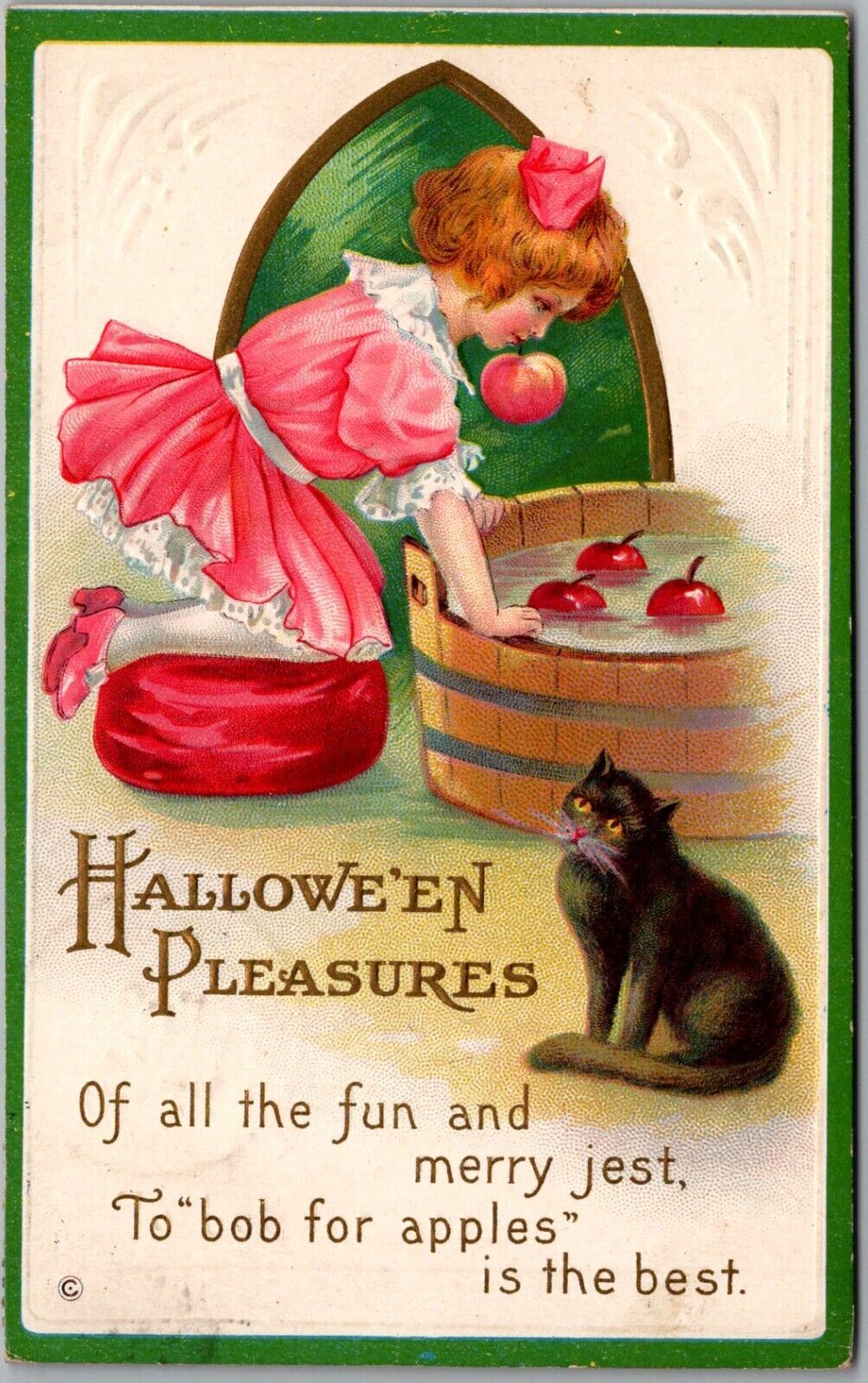 Postcard Halloween Pleasures; Young Girl Bobbing for Apples; Black Cat 1915 Fp