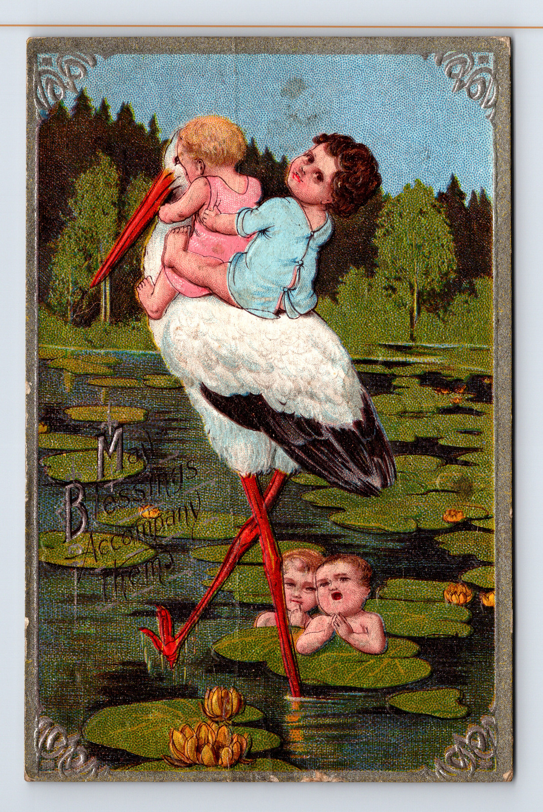 c1913 DB Postcard Blessings Babies Riding in On Stork Birth Theme