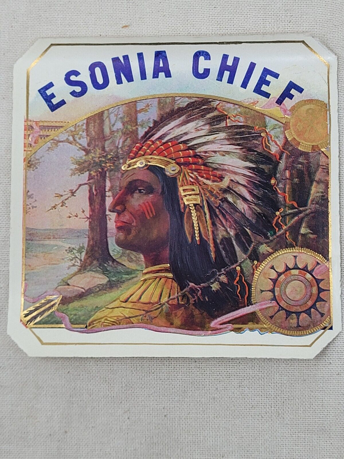 Indian Chief Cigar Label  c1910  - 4 x 4 in -- Esonia Chief  Genuine Original 