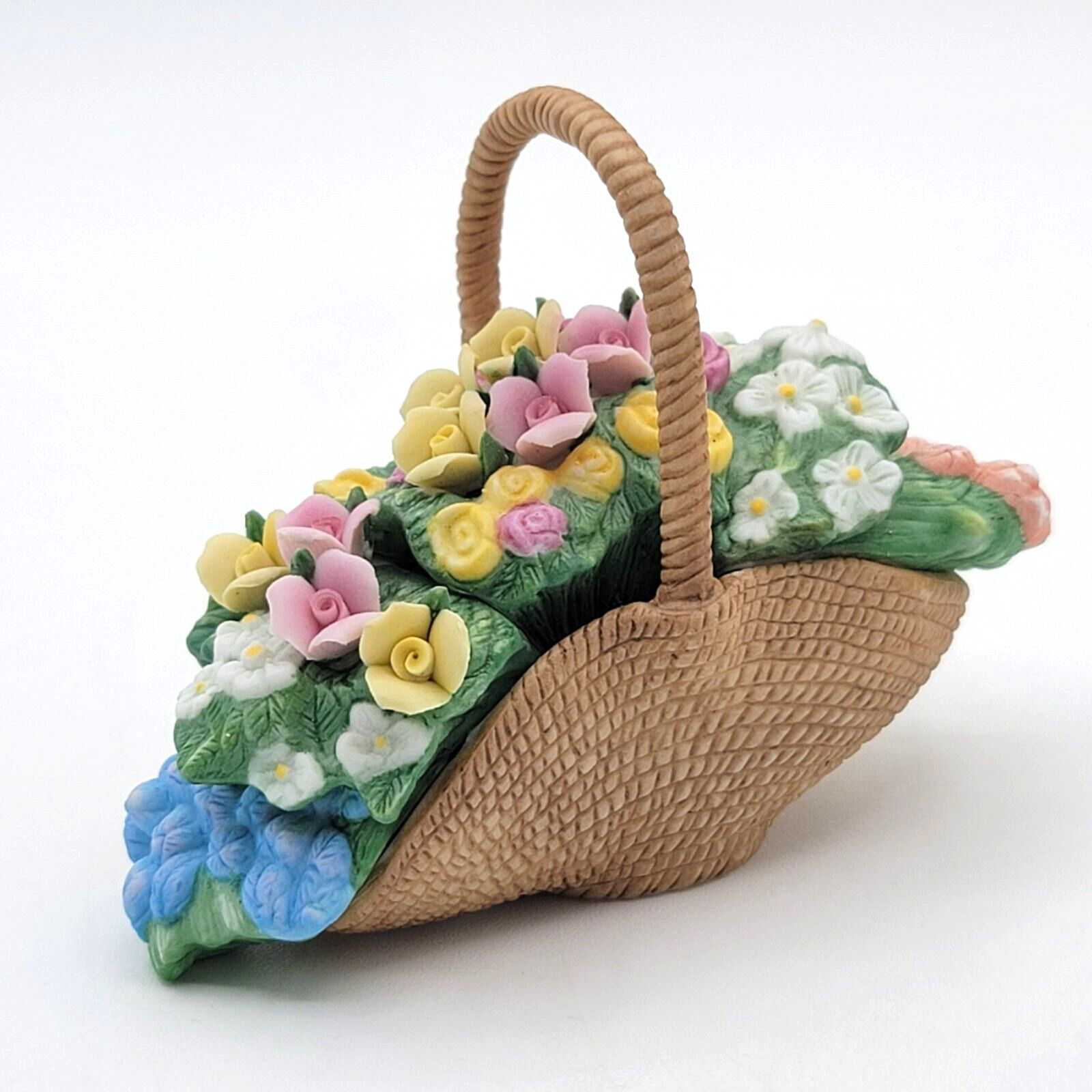 Vtg 1990 Lenox Porcelain Flower Basket-Miniature French Floral-Pink/Yellow Roses