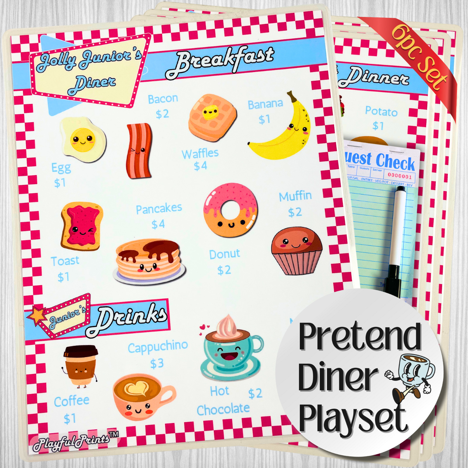 PlayfulPrints Pretend Diner Menus For Play Food, Resturant Menu Playset For Kids
