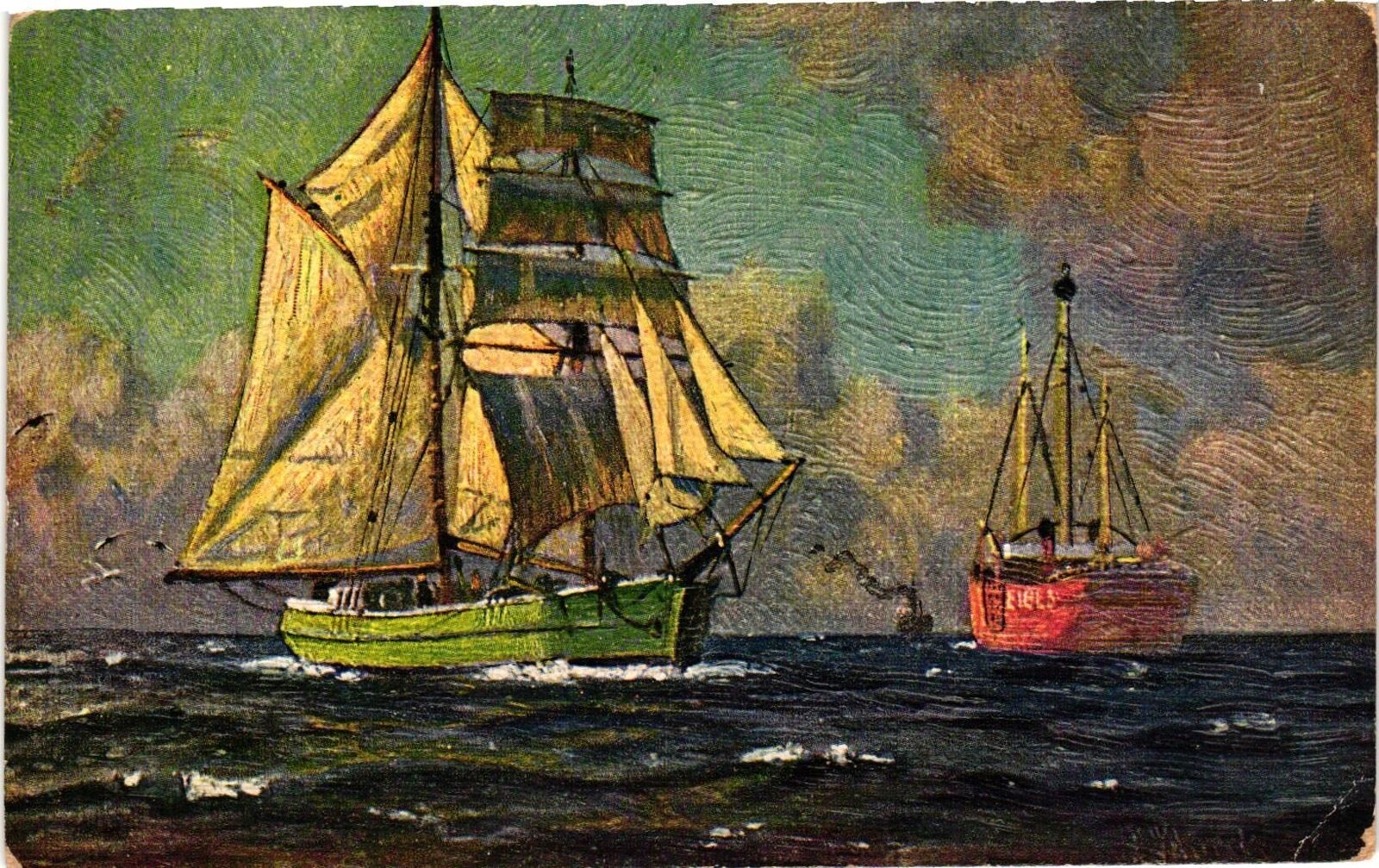 Vintage Postcard- Ships in the ocean