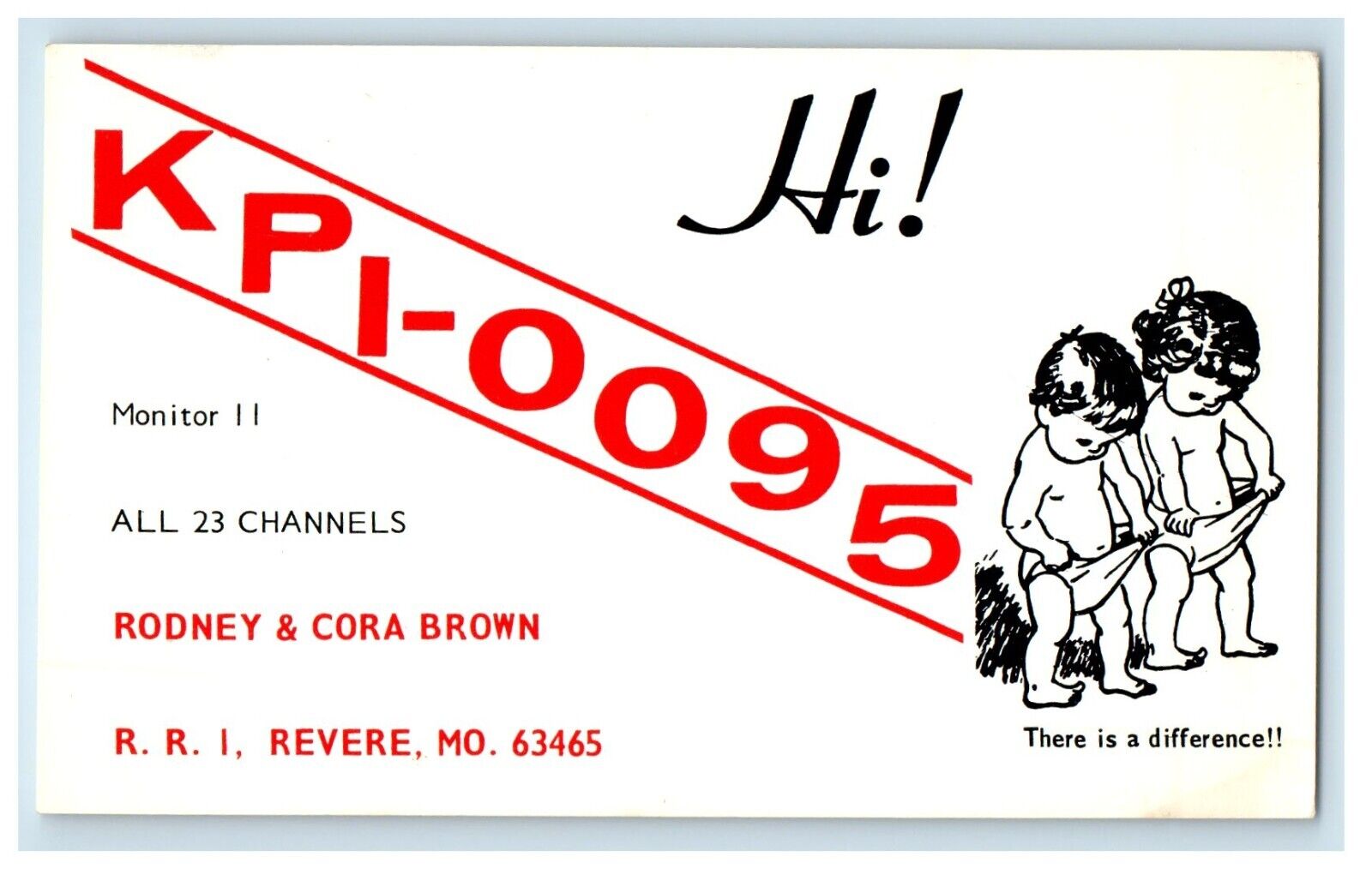 c1960's Ham Radio Boy Girl Child in Diapers QSL Revere Missouri MO Postcard