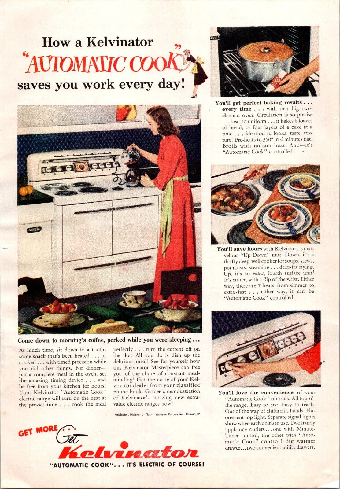 KELVINATOR Automatic Cook Lady in Red Kitchen Breakfast Coffee Vtg Print Ad 1949