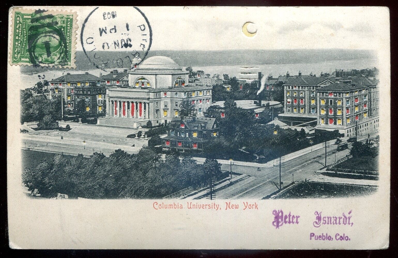NEW YORK CITY Postcard 1903 HTL Hold to Light Columbia University Sent to Italy